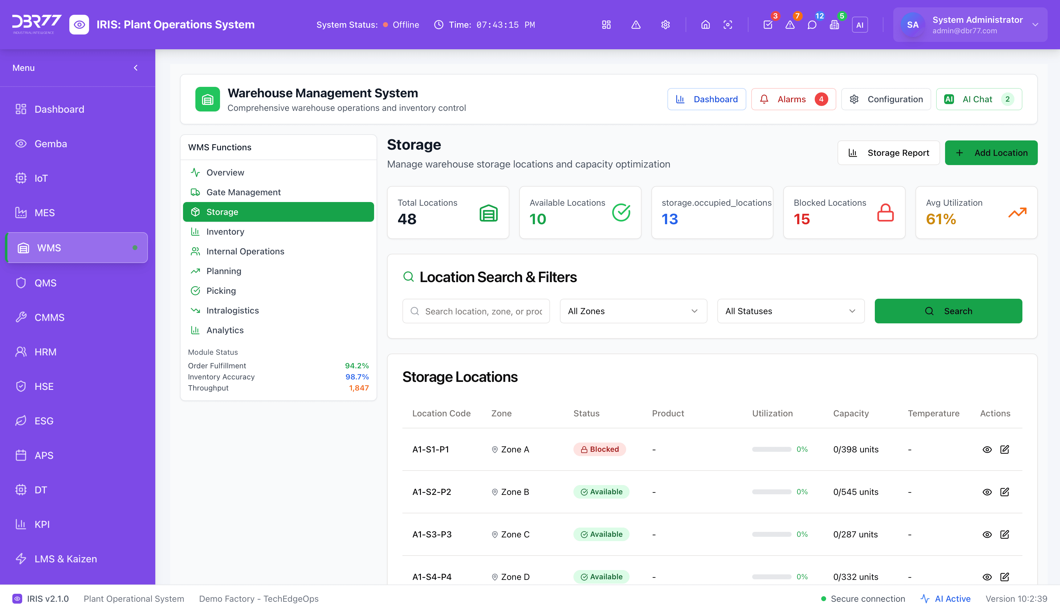 IRIS WMS — warehouse storage management with location tracking