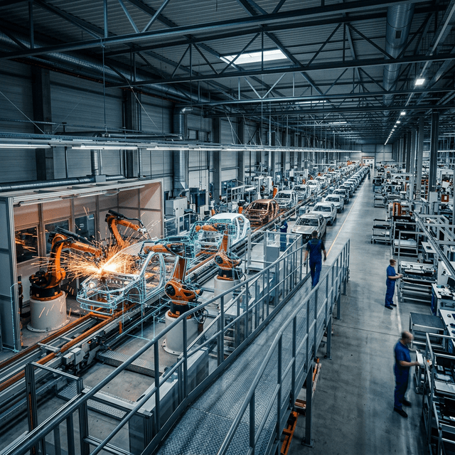 Modern automotive production line with digital twin overlay