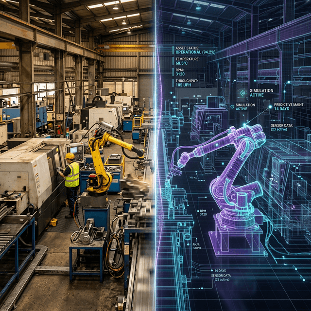 Digital Twin concept — validate improvements in simulation before spending on the real factory